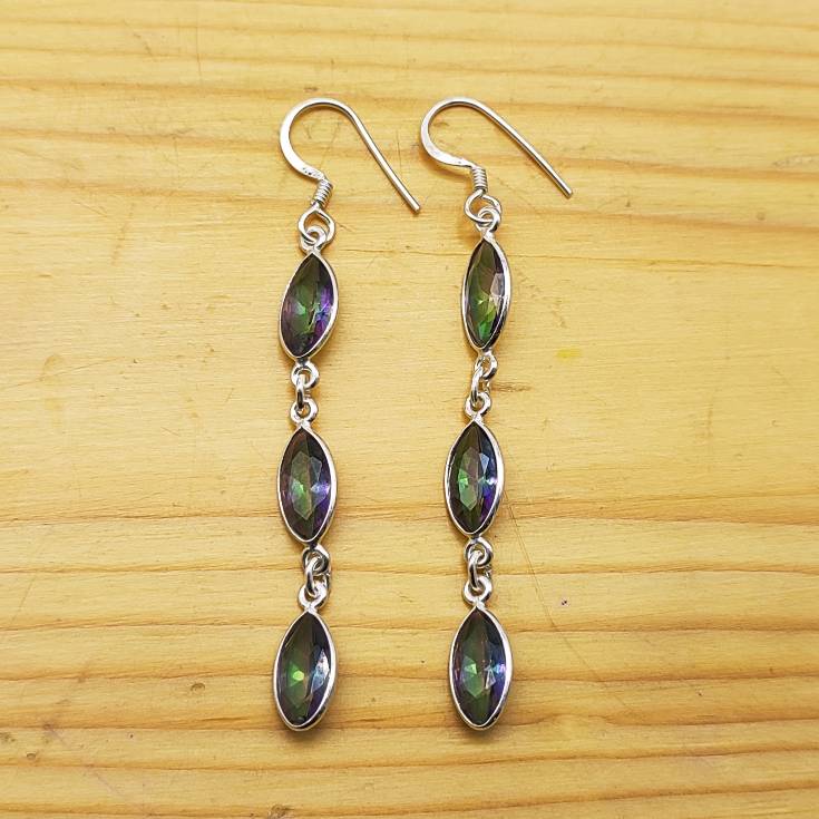 Natural Mystic Topaz Gemstone Long Layer Earrings