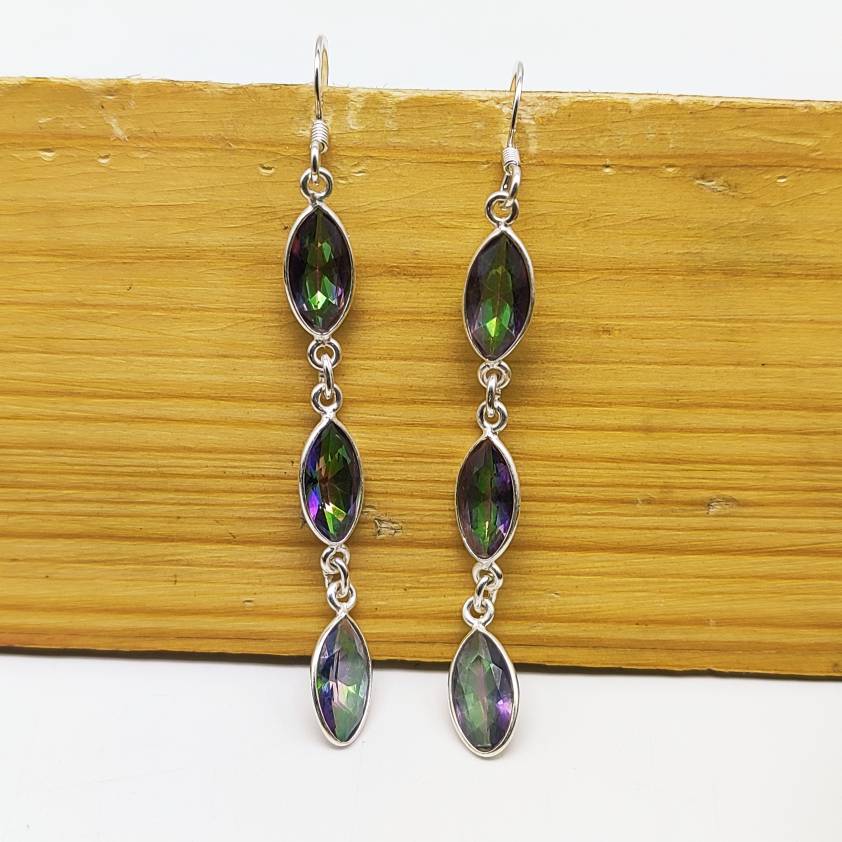 Natural Mystic Topaz Gemstone Long Layer Earrings