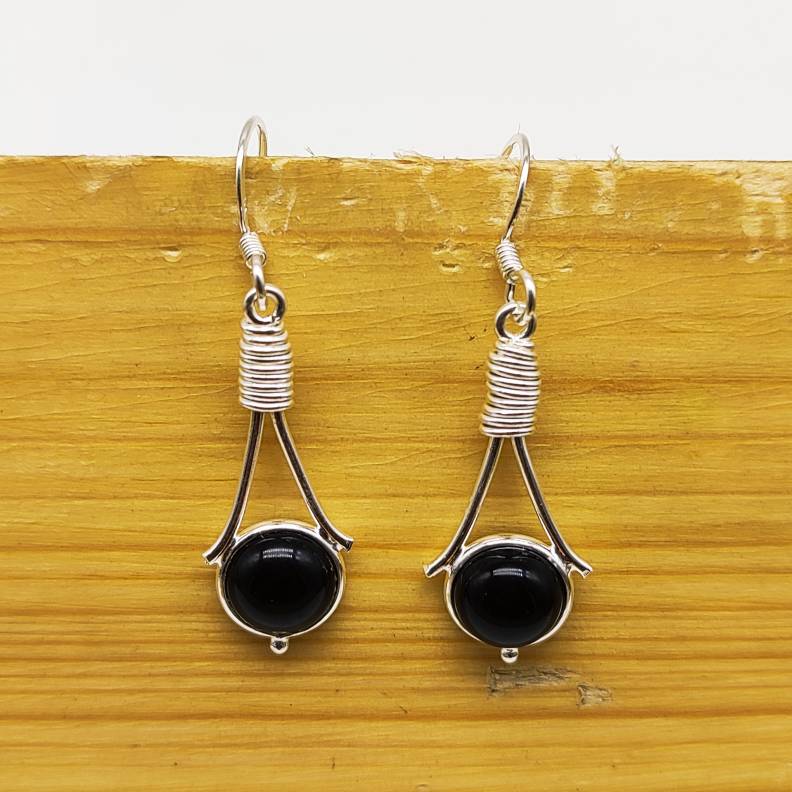 Black Onyx Gemstone Round Earrings in Sterling Silver – Handmade Jewelry