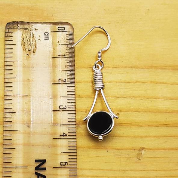 Black Onyx Gemstone Round Earrings in Sterling Silver – Handmade Jewelry