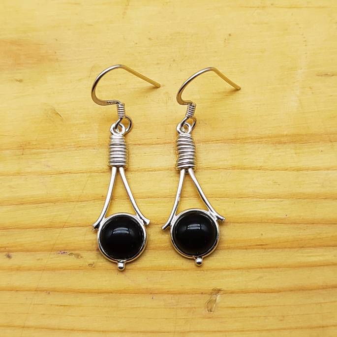Black Onyx Gemstone Round Earrings in Sterling Silver – Handmade Jewelry