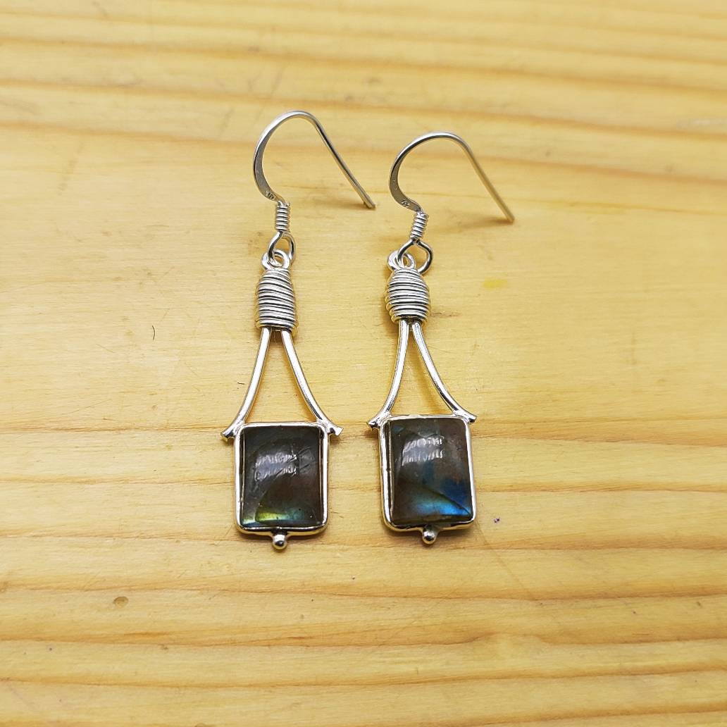 Labradorite Rectangular Drop Earrings in Sterling Silver