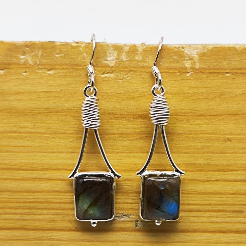 Labradorite Rectangular Drop Earrings in Sterling Silver