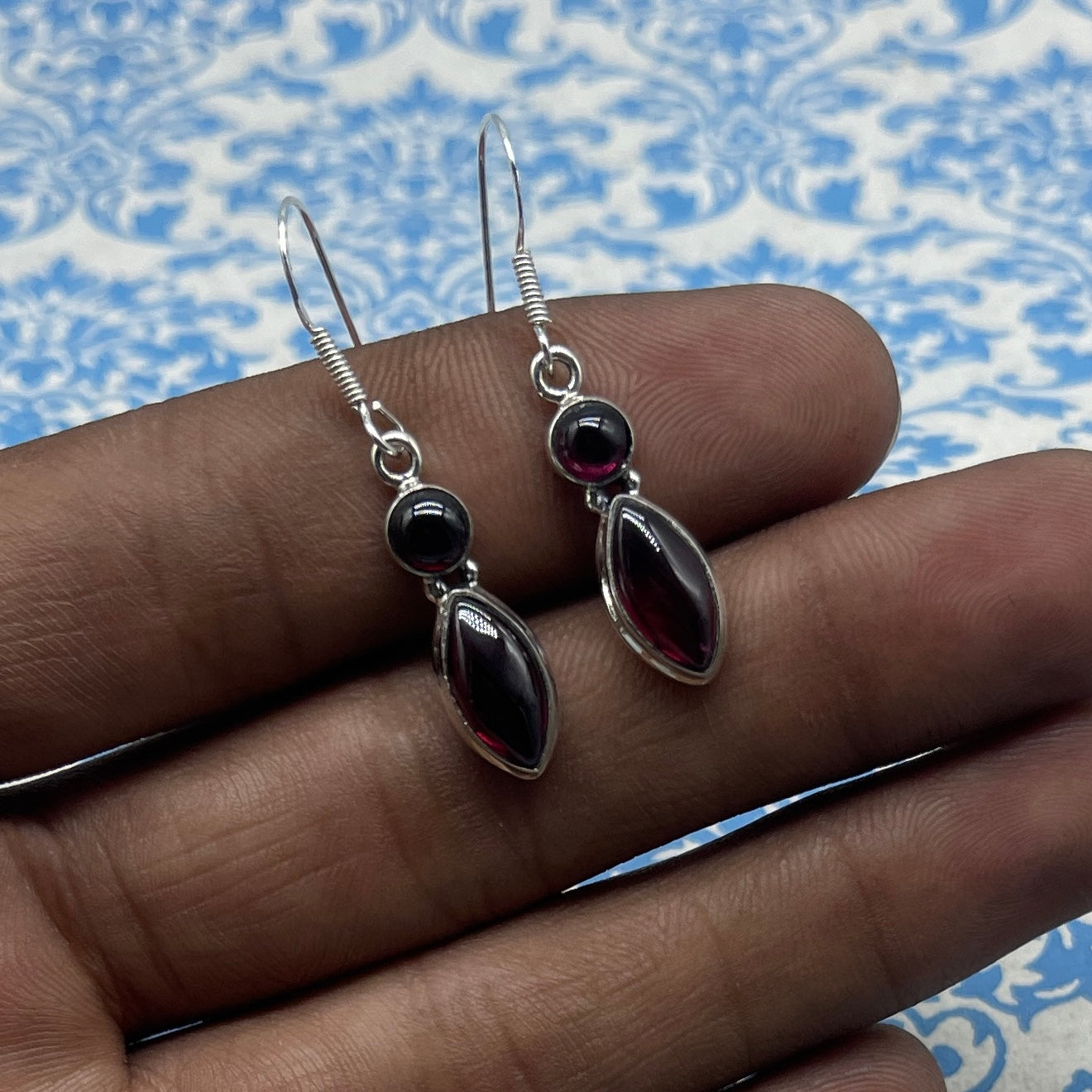 925 Sterling Silver Marquise Dangle Garnet Statement Earring
