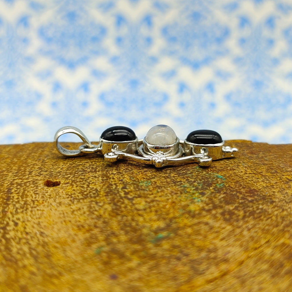 Rainbow Moonstone & Black Onyx Nepali Bohemian Silver Pendant