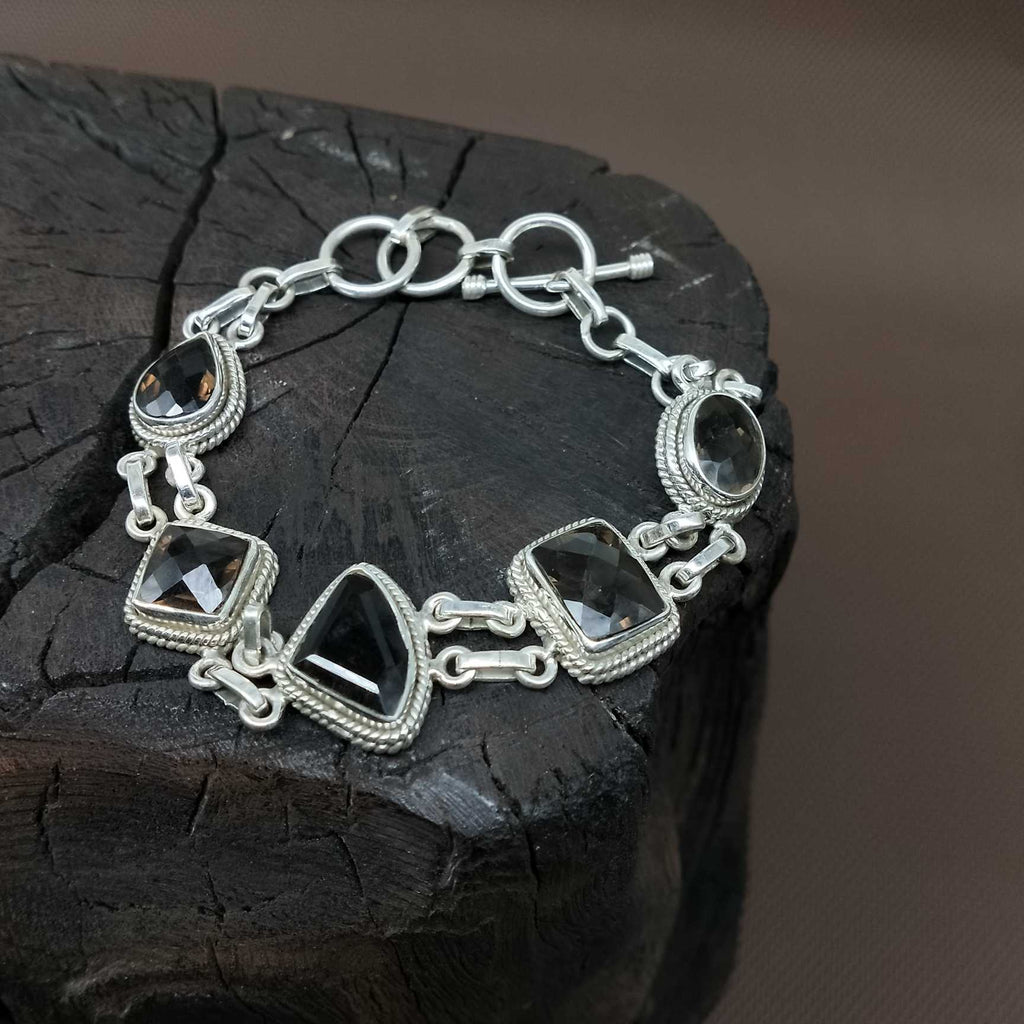 Elegant Natural Smokey Quartz Silver Bezel Bracelet Jewelry