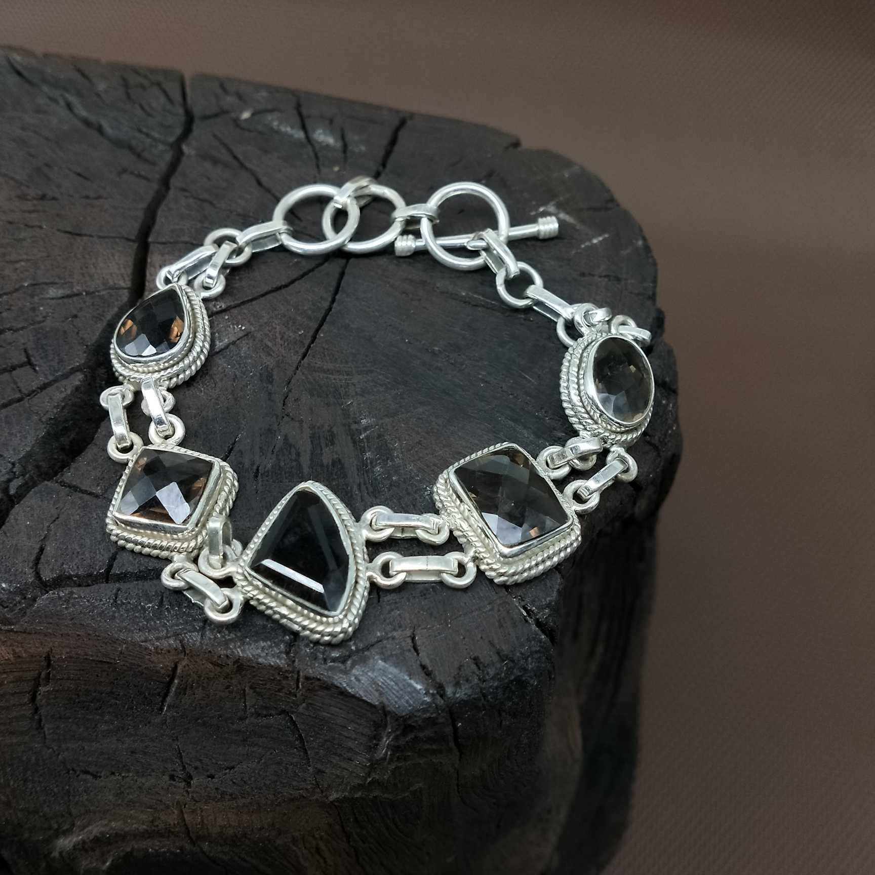 Elegant Natural Smokey Quartz Silver Bezel Bracelet Jewelry