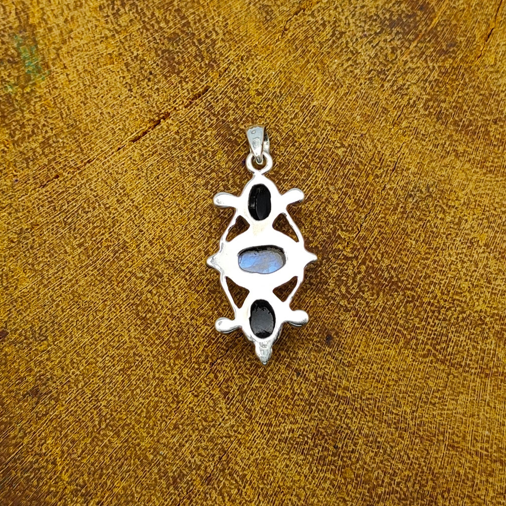 Rainbow Moonstone & Black Onyx Nepali Bohemian Silver Pendant