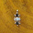 Rainbow Moonstone & Black Onyx Nepali Bohemian Silver Pendant