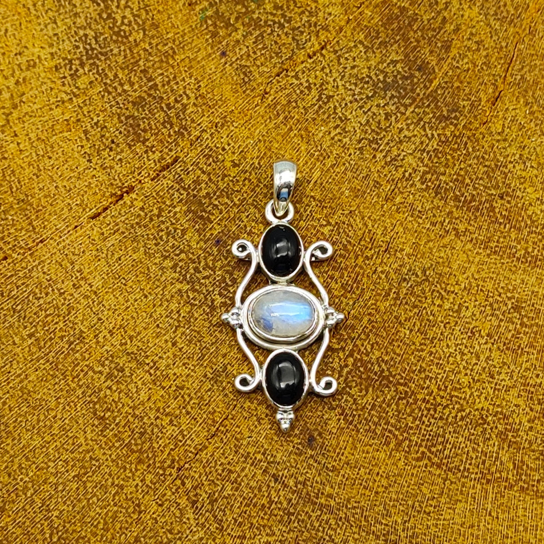 Rainbow Moonstone & Black Onyx Nepali Bohemian Silver Pendant