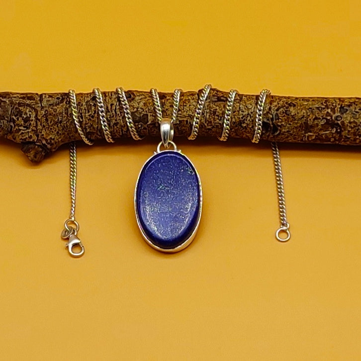 Lapis Lazuli Cabochon 925 Silver Boho Pendant Necklace