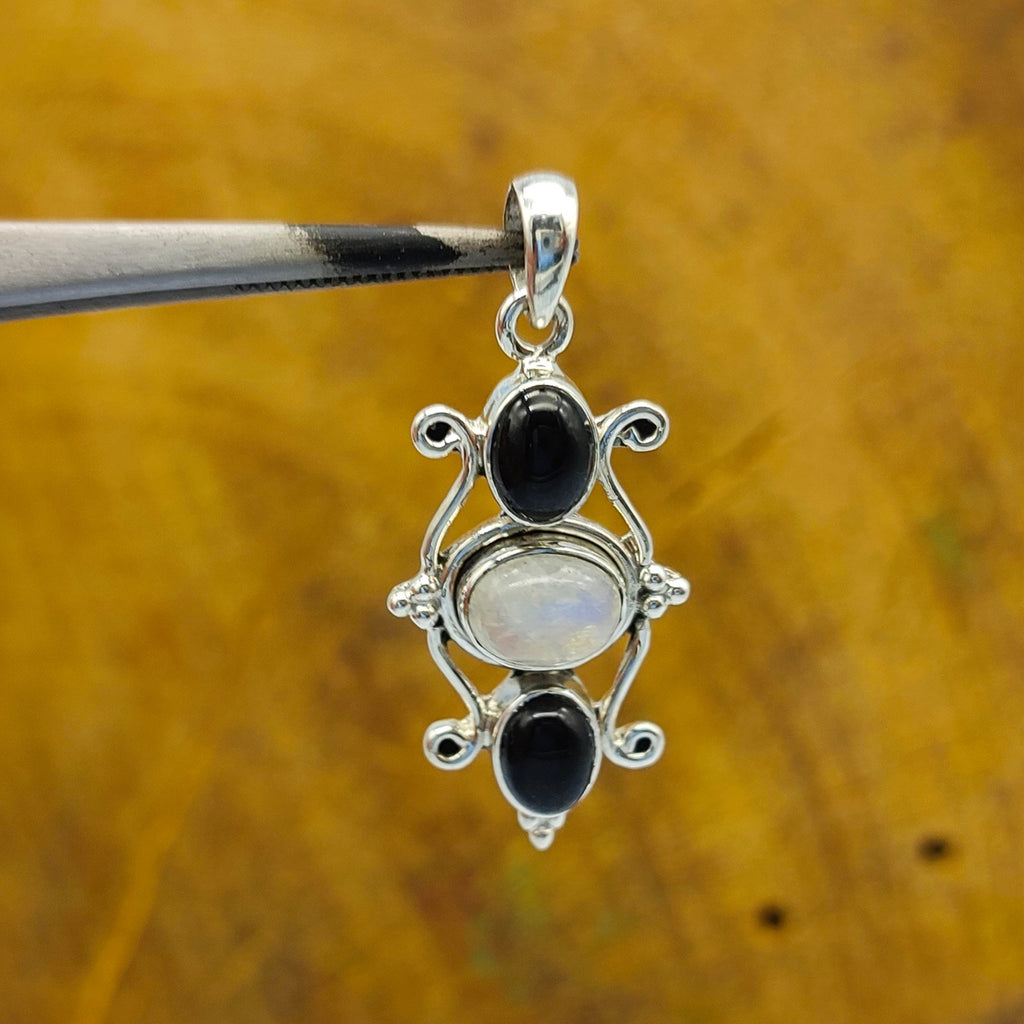 Rainbow Moonstone & Black Onyx Nepali Bohemian Silver Pendant