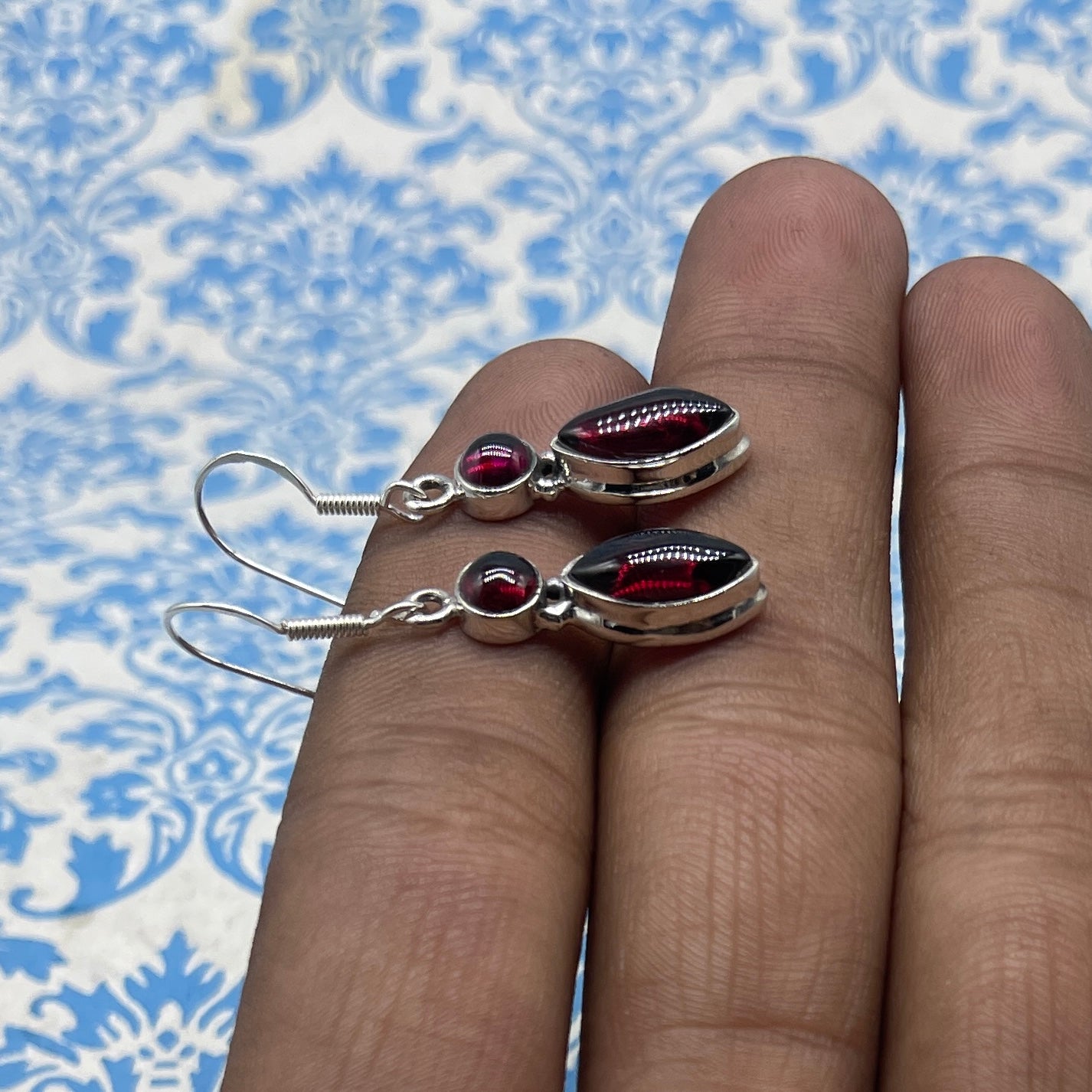 925 Sterling Silver Marquise Dangle Garnet Statement Earring