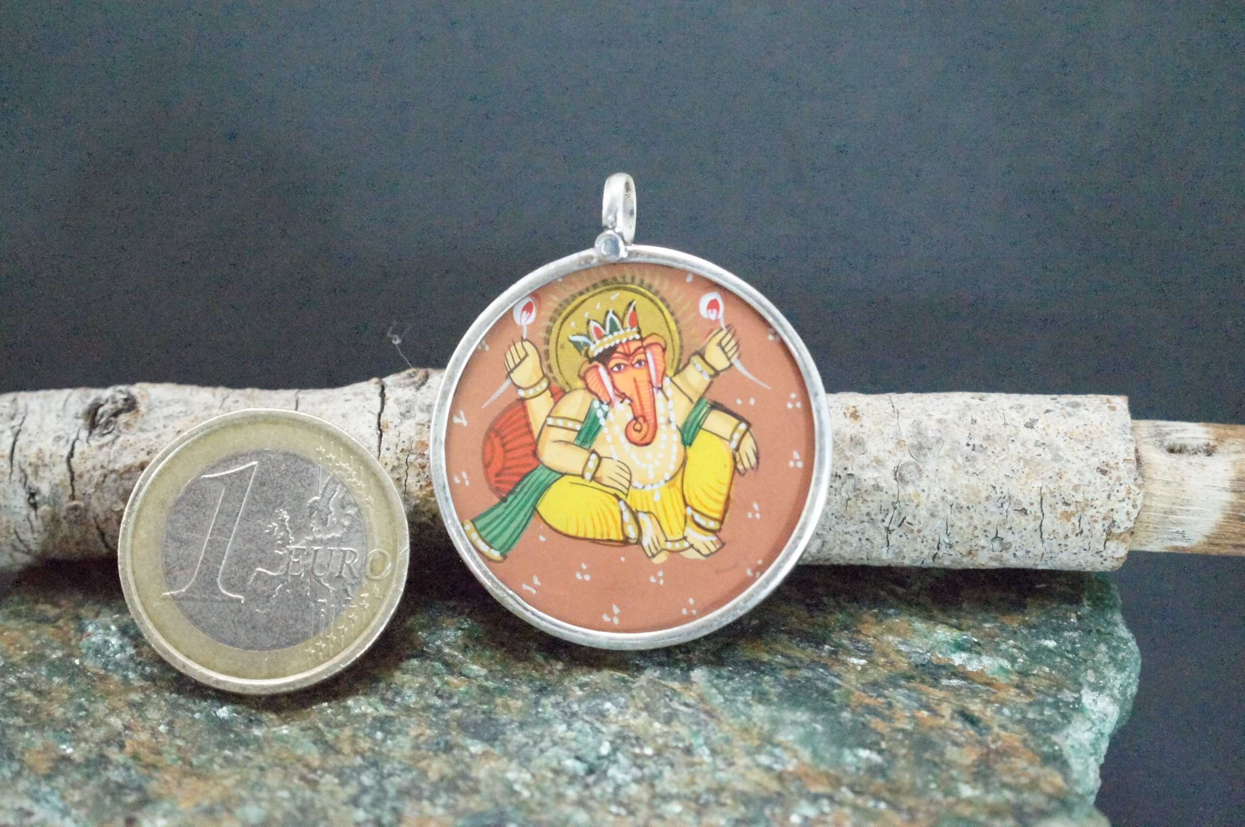 925 Silver Ganesha Handpainted Glass Pendant Designer Frame