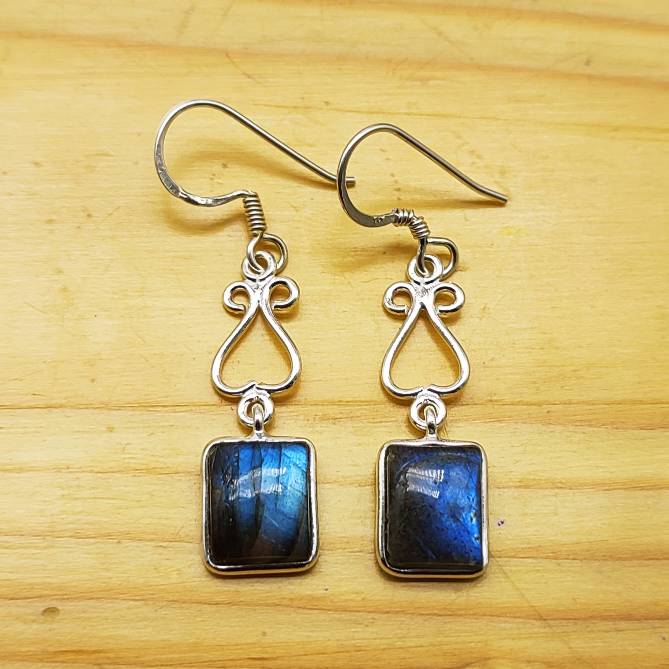 Natural Labradorite 925 Sterling Silver Square Shape Gemstone Earring