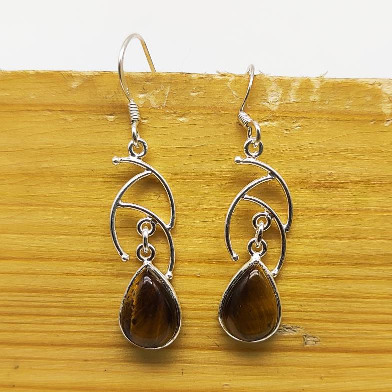 Elegant Tiger Eye Teardrop Dangle Earrings in Sterling Silver