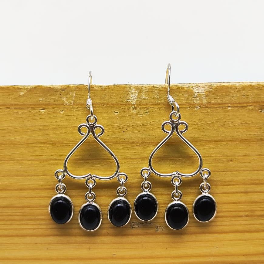 Triple Drop Black Onyx Dangle Earrings – Boho Statement Style