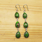 Handmade Green Copper Turquoise Dangle Earrings – Triple Teardrop Design