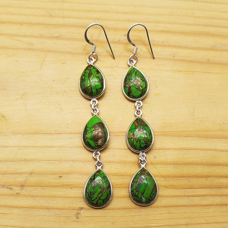 Handmade Green Copper Turquoise Dangle Earrings – Triple Teardrop Design