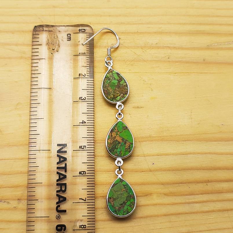 Handmade Green Copper Turquoise Dangle Earrings – Triple Teardrop Design
