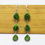 Handmade Green Copper Turquoise Dangle Earrings – Triple Teardrop Design