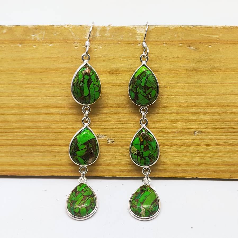 Handmade Green Copper Turquoise Dangle Earrings – Triple Teardrop Design