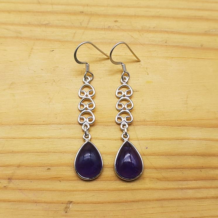Natural Amethyst Dangle Earrings with Artistic Silver Work