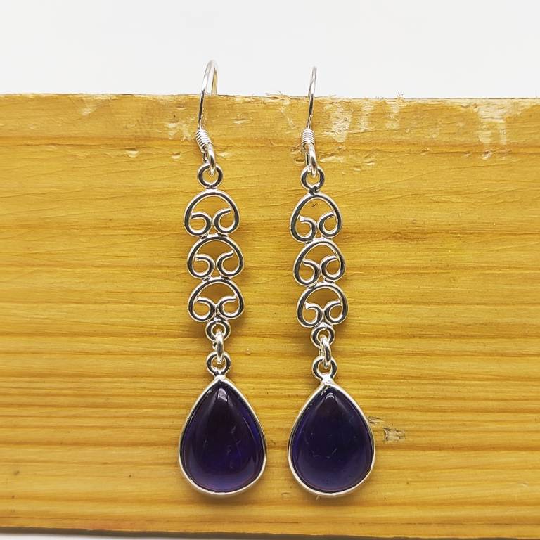 Natural Amethyst Dangle Earrings with Artistic Silver Work