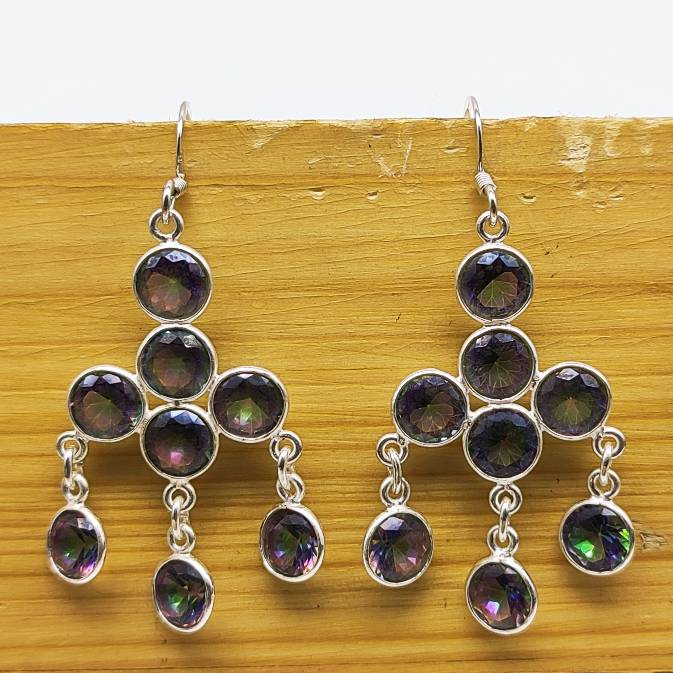 Boho Round Mystic Topaz Dangle Earrings with 925 Sterlign Silver Detailing