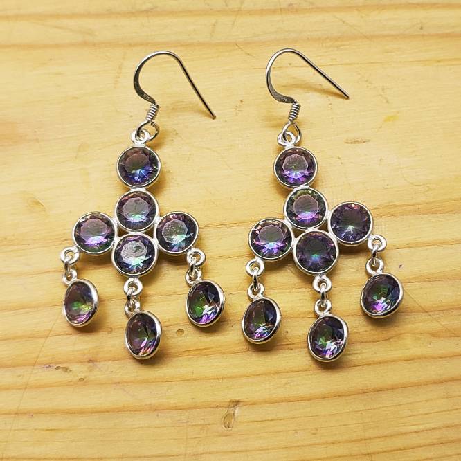 Boho Round Mystic Topaz Dangle Earrings with 925 Sterlign Silver Detailing