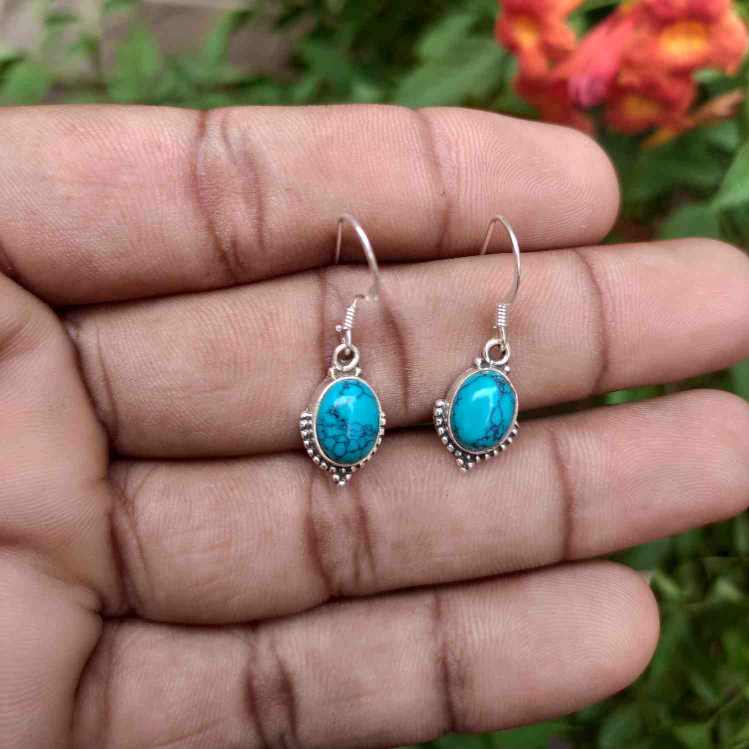 925 Sterling Silver Turquoise Oval Earrings