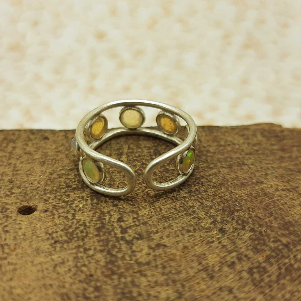 S925 Sterling Silver Small Opal Gemstone Adjustable Bezel Ring