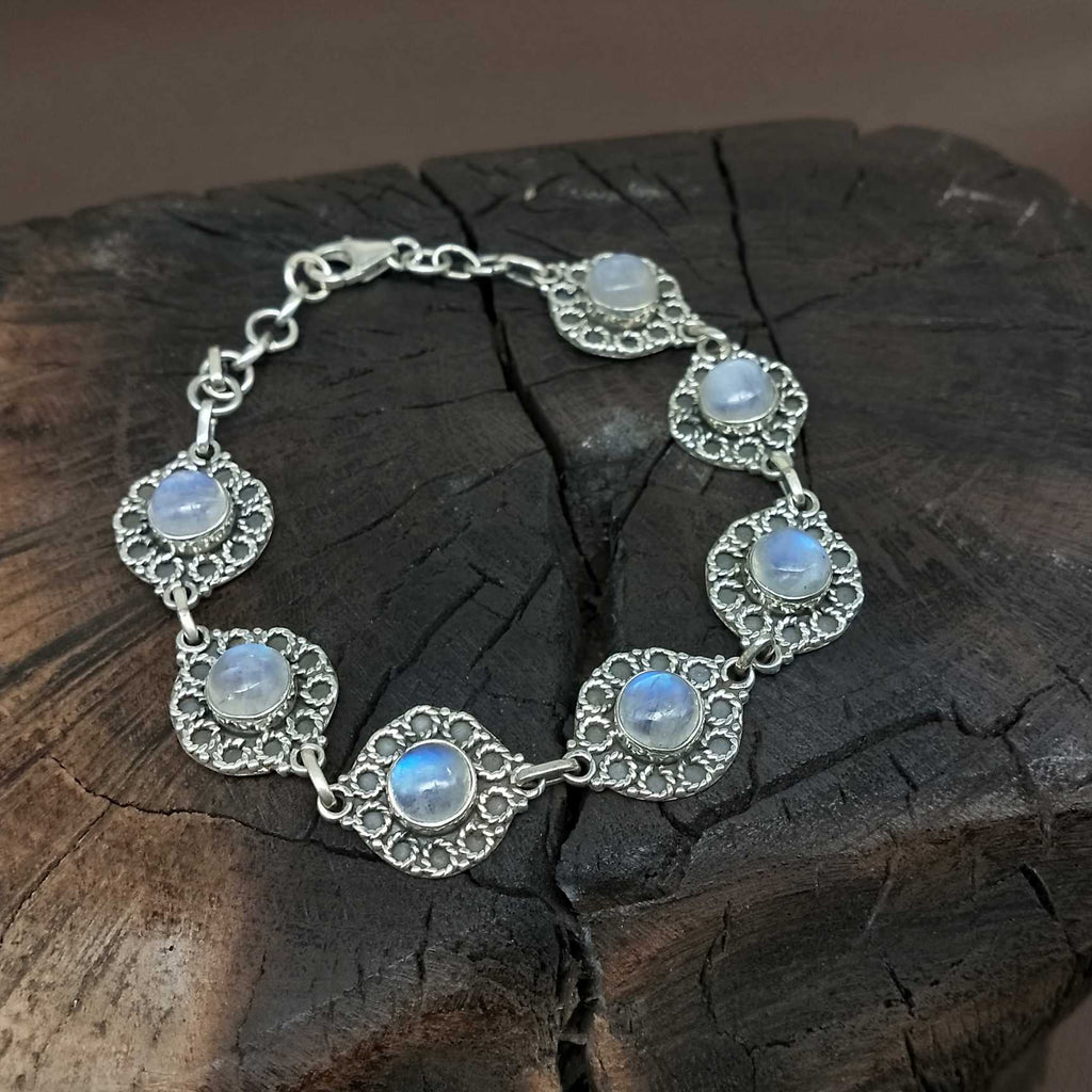 Bohemian Design Vintage 925 Sterling Silver Handmade Rainbow Moonstone Bracelet