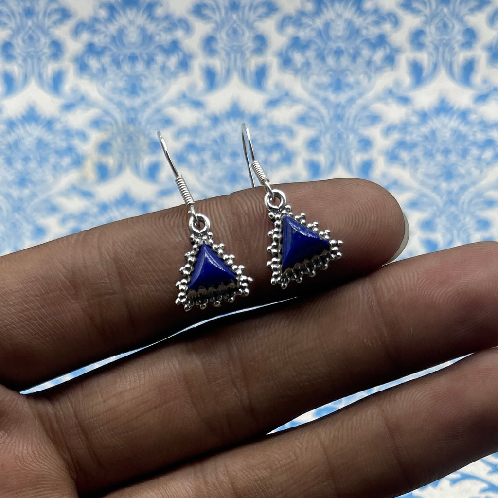 Handcrafted Lapis Lazuli Earrings – 925 Sterling Silver Triangle Shape Gemstone