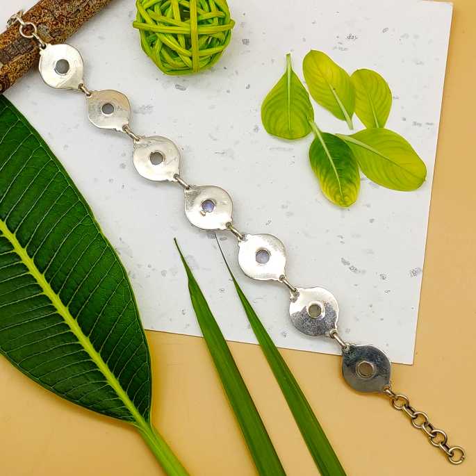 Bohemian Design Vintage 925 Sterling Silver Handmade Rainbow Moonstone Bracelet