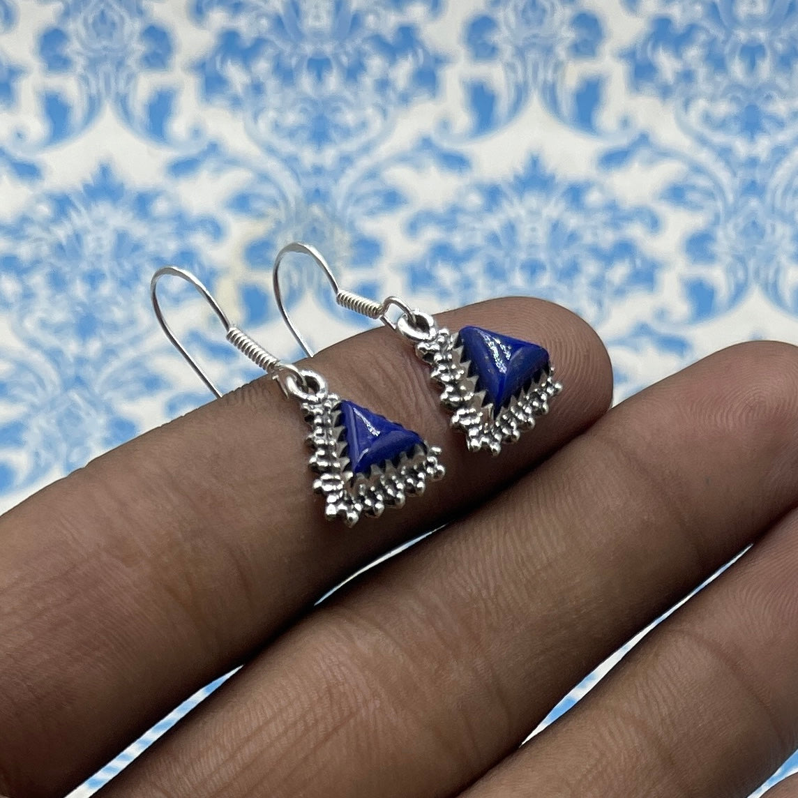 Handcrafted Lapis Lazuli Earrings – 925 Sterling Silver Triangle Shape Gemstone