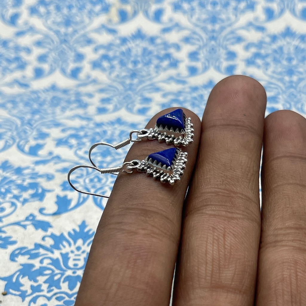 Handcrafted Lapis Lazuli Earrings – 925 Sterling Silver Triangle Shape Gemstone