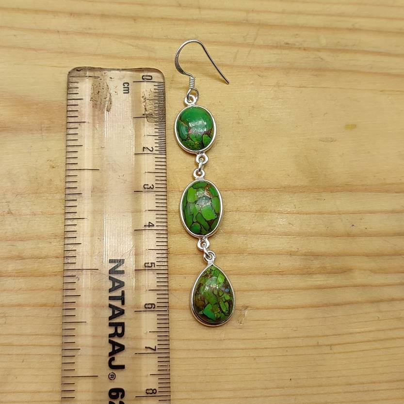 Elegant Three-Tier Green Turquoise  Earrings – Handmade Silver