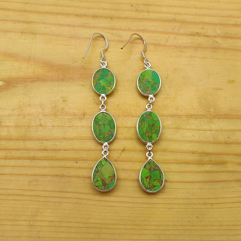 Elegant Three-Tier Green Turquoise  Earrings – Handmade Silver