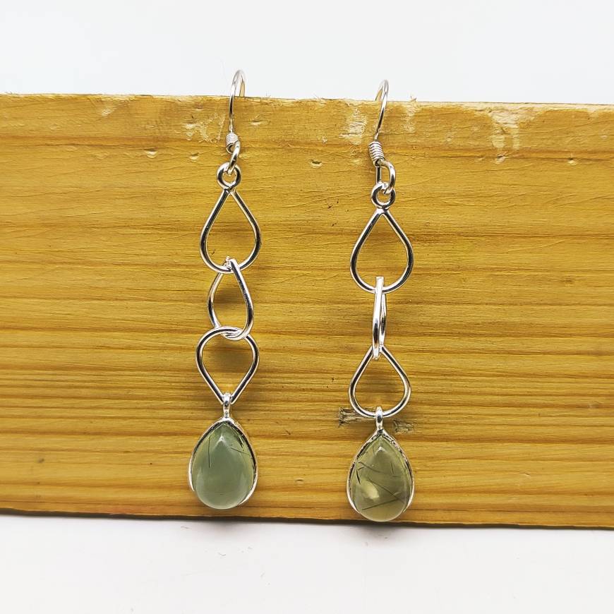 925 Silver Prehnite Dangle Earrings – Statement Gemstone Jewelry