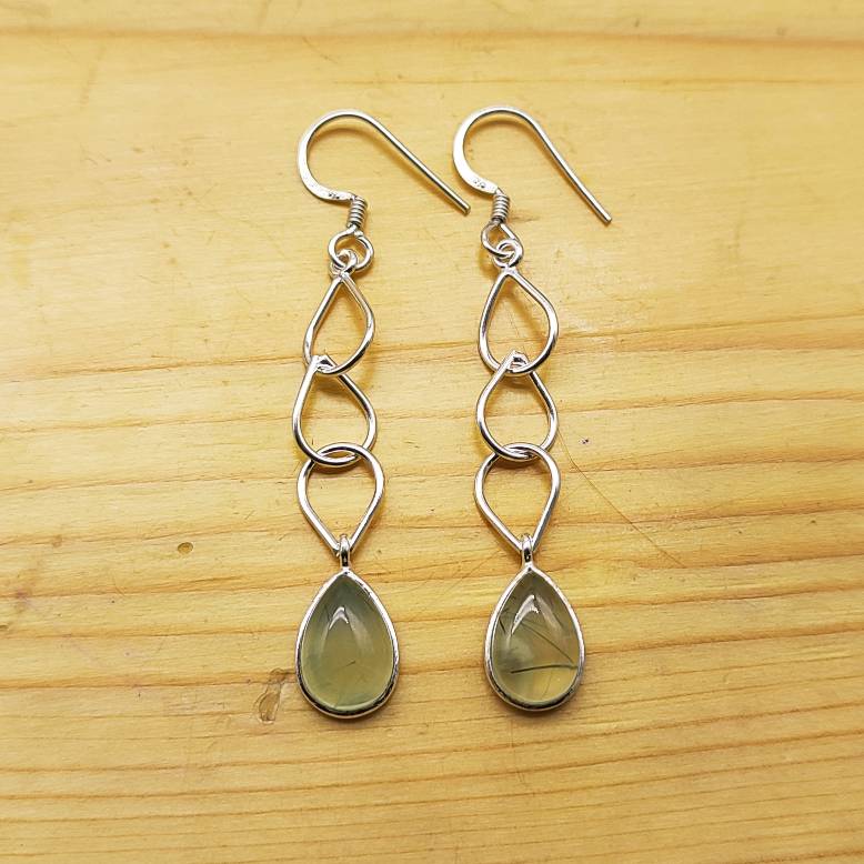 925 Silver Prehnite Dangle Earrings – Statement Gemstone Jewelry