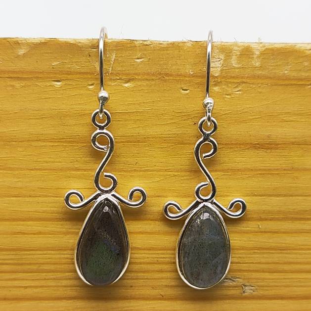 Natural Labradorite Dangle Earrings with Artistic Silver Work