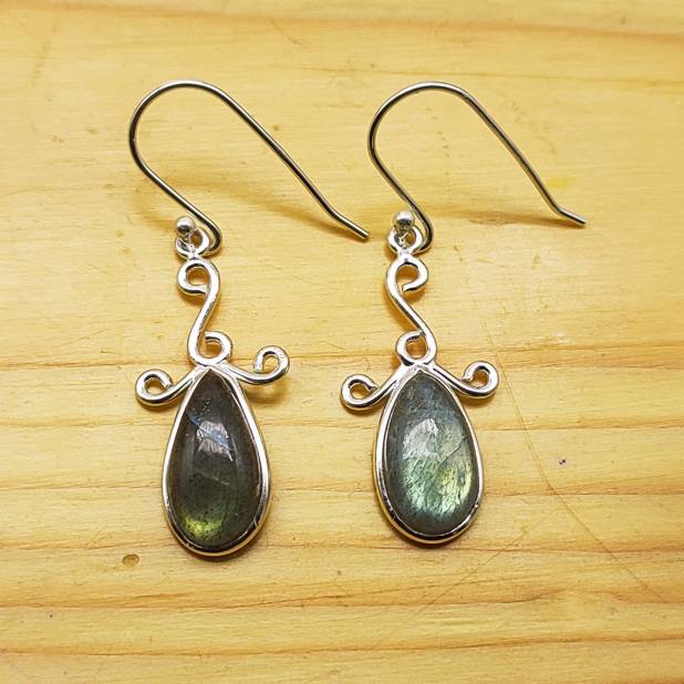 Natural Labradorite Dangle Earrings with Artistic Silver Work