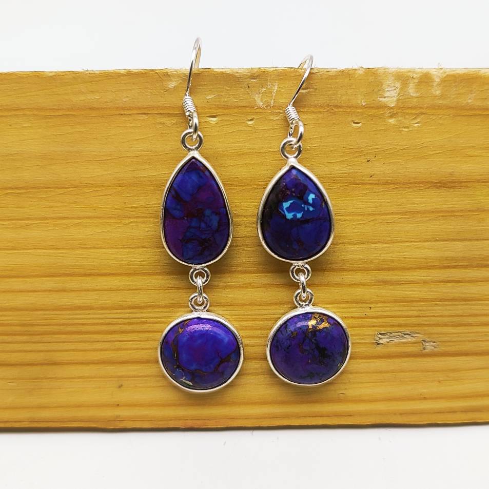 925 Silver Purple Copper Turquoise Dangle Earrings – Statement Gemstone Jewelry