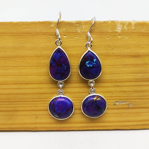 925 Silver Purple Copper Turquoise Dangle Earrings – Statement Gemstone Jewelry