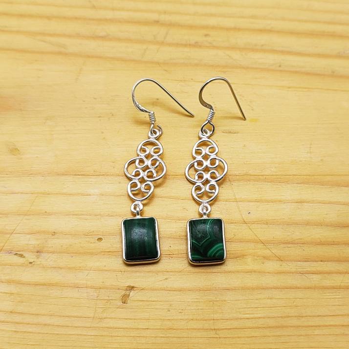 Natural Malachite Dangle Earrings with Artistic Silver Work