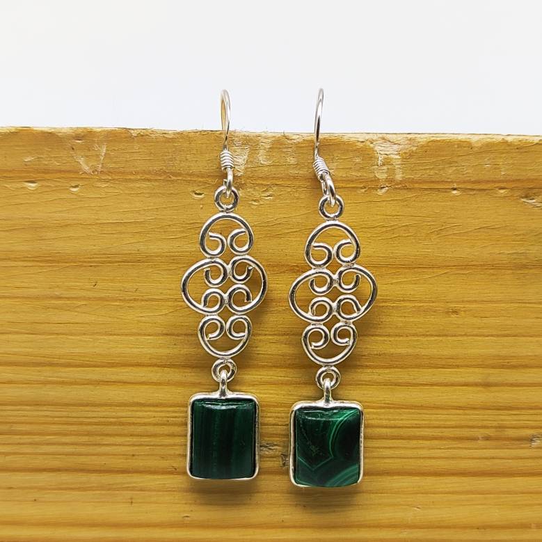 Natural Malachite Dangle Earrings with Artistic Silver Work