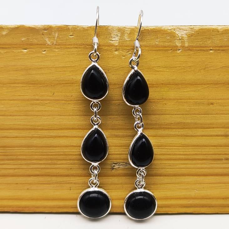 925 Silver Black Onyx Dangle Earrings – Statement Gemstone Jewelry