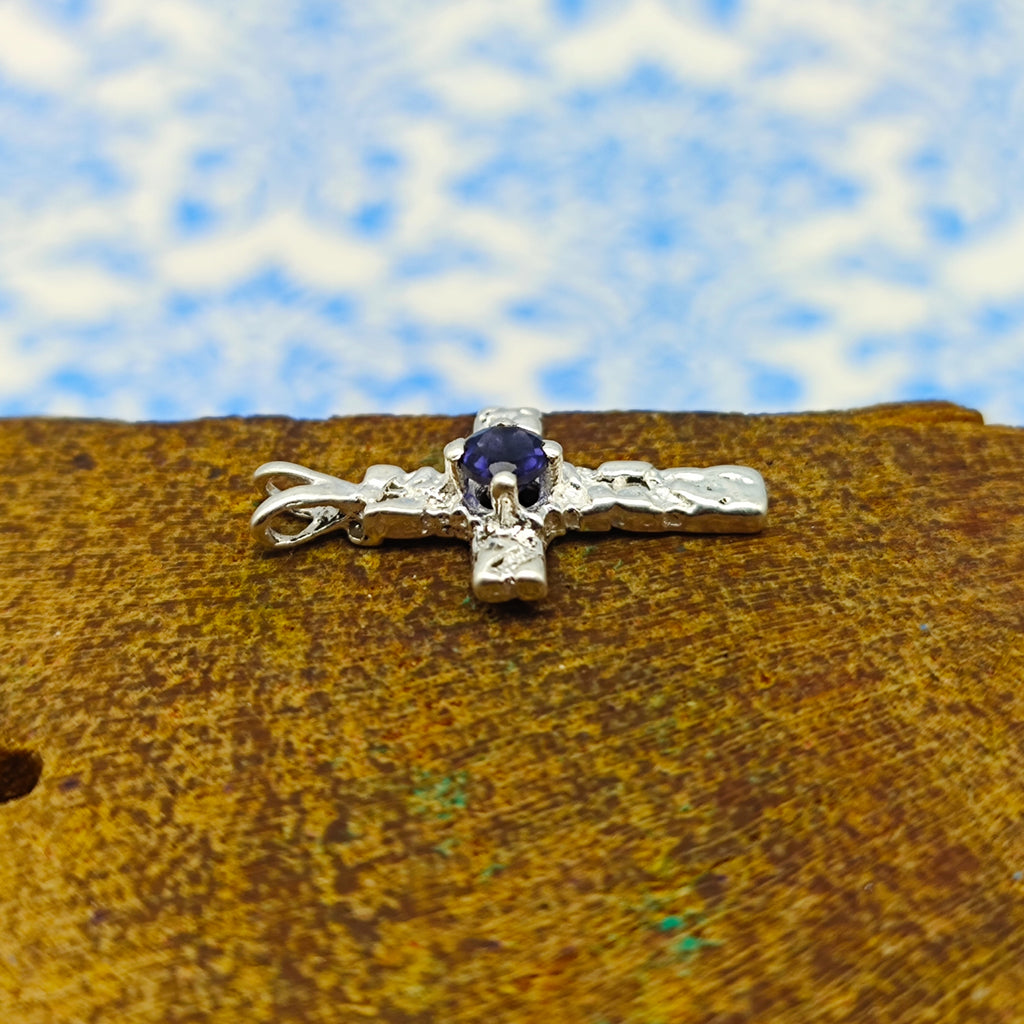 Iolite Christian Cross Nepali Bohemian Silver Pendant