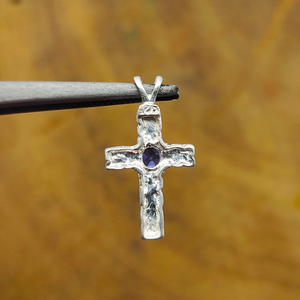 Iolite Christian Cross Nepali Bohemian Silver Pendant